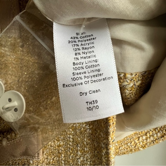 Talbots Grace Fit Collarless Gold Tweed Metallic Blazer Jacket Jackie O Fringe - Picture 8 of 15